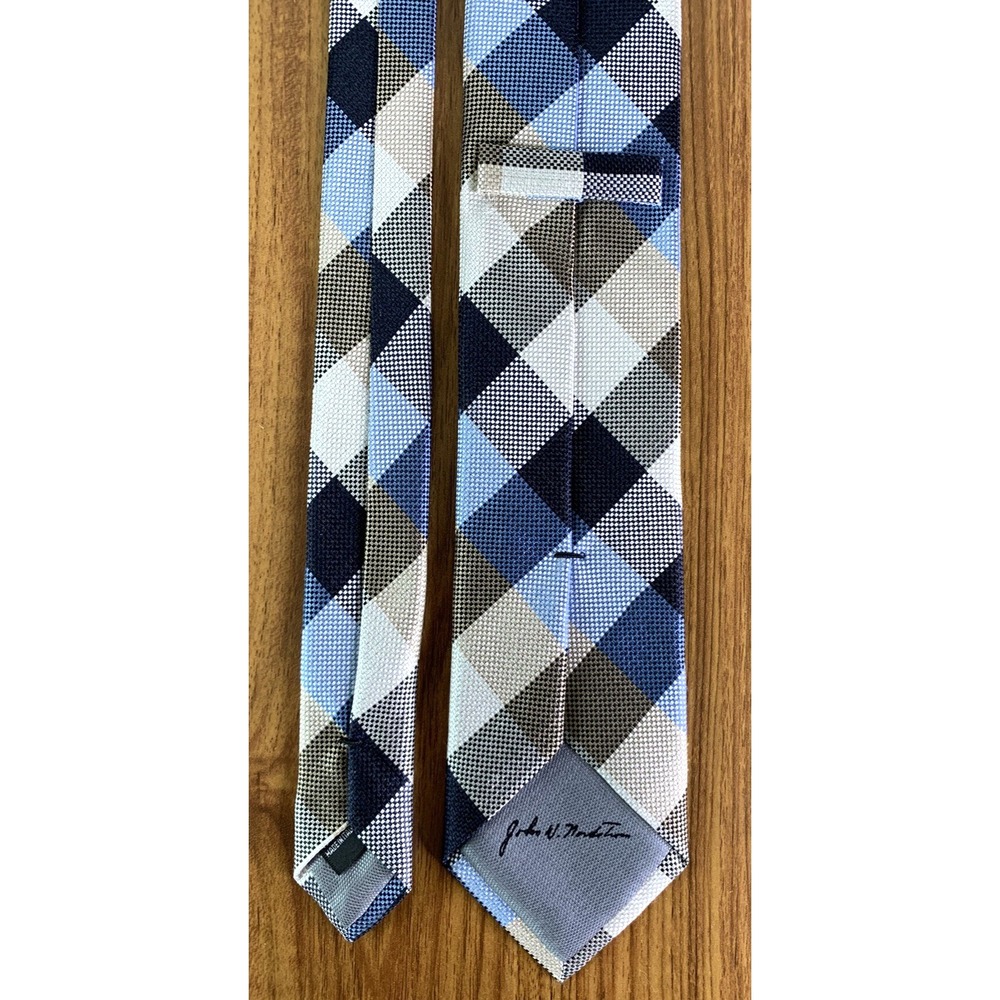 John W. Nordstrom Mens Plaid Checked Silk Linen Tie Preppy Business Blue Tan - Picture 3 of 5